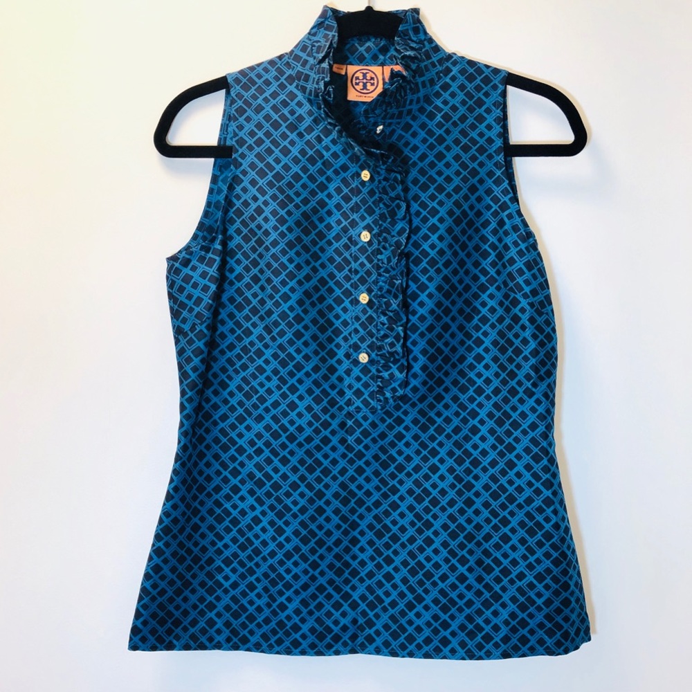 Tory Burch Blue & Chocolate Silk Blouse (Size 4)